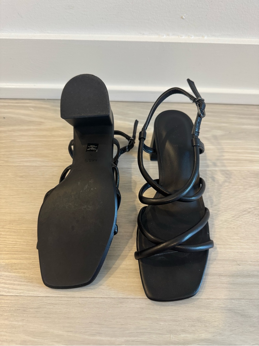 Black Strappy Square-Toe, Block Heel Women's Sandals - Picture 3 of 4